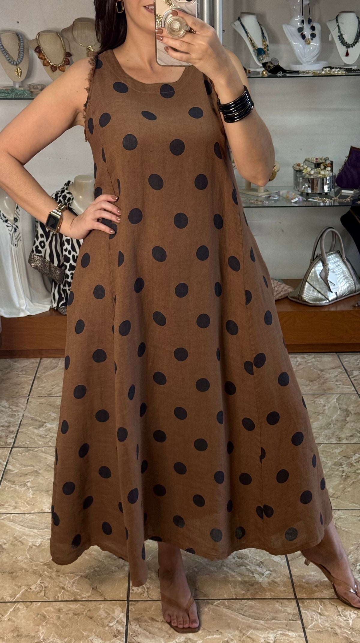 OS Linen Sleeveless Polka Dots Dress (NO RETURNS OR EXCHANGE)