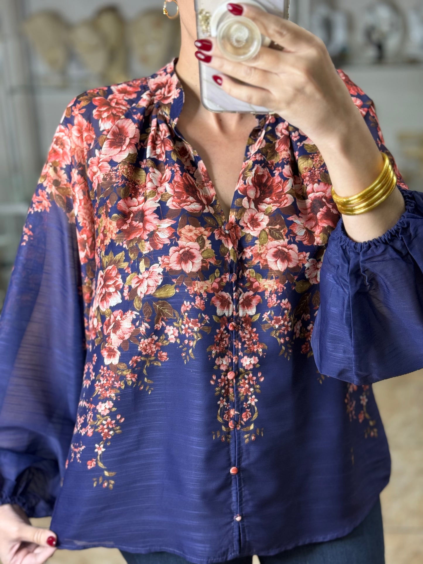 Navy Floral Button Down Top