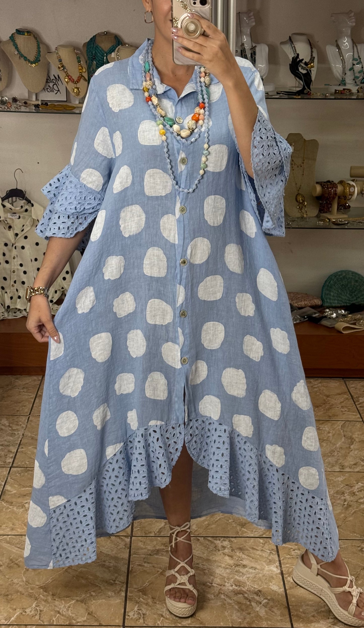 Polkadots/Eyelet OS Linen Maxi Dress (NO RETURNS OR EXCHANGE)