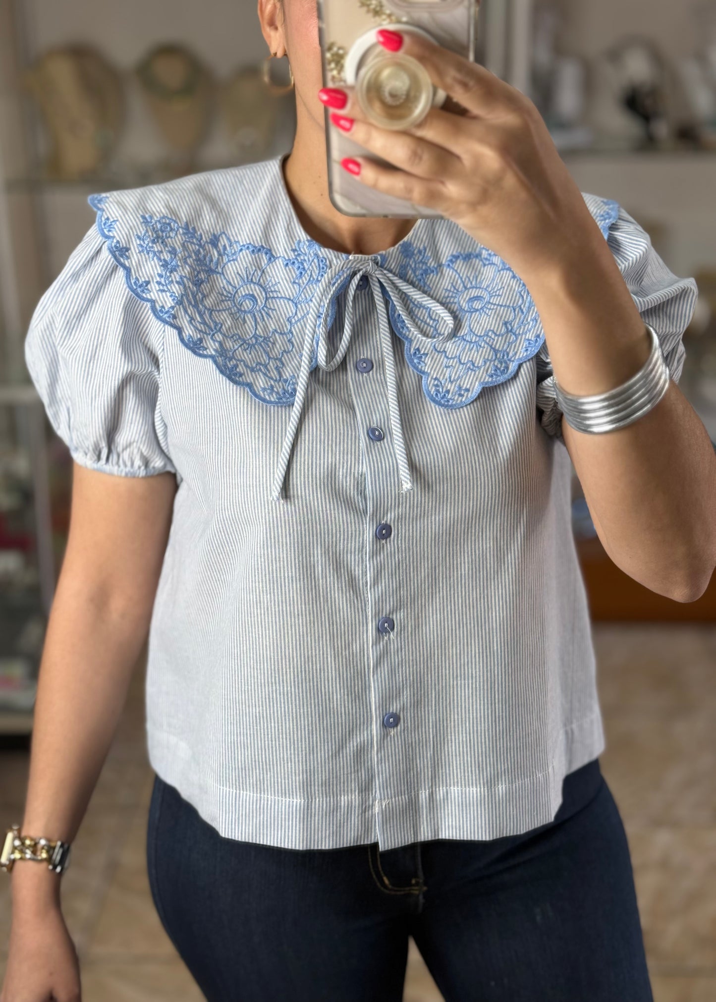 Peter Pan Neck Embroidered Stripes Top