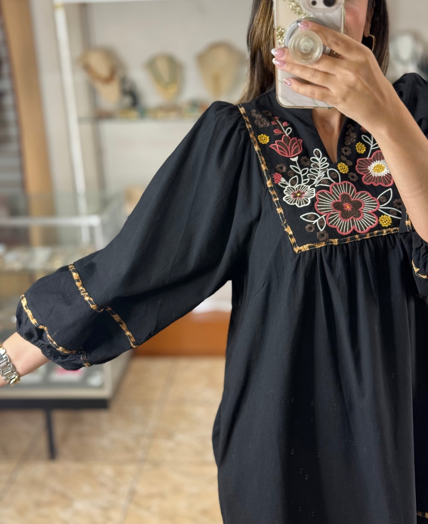 Black/Floral/Leopard Embroidered Dress