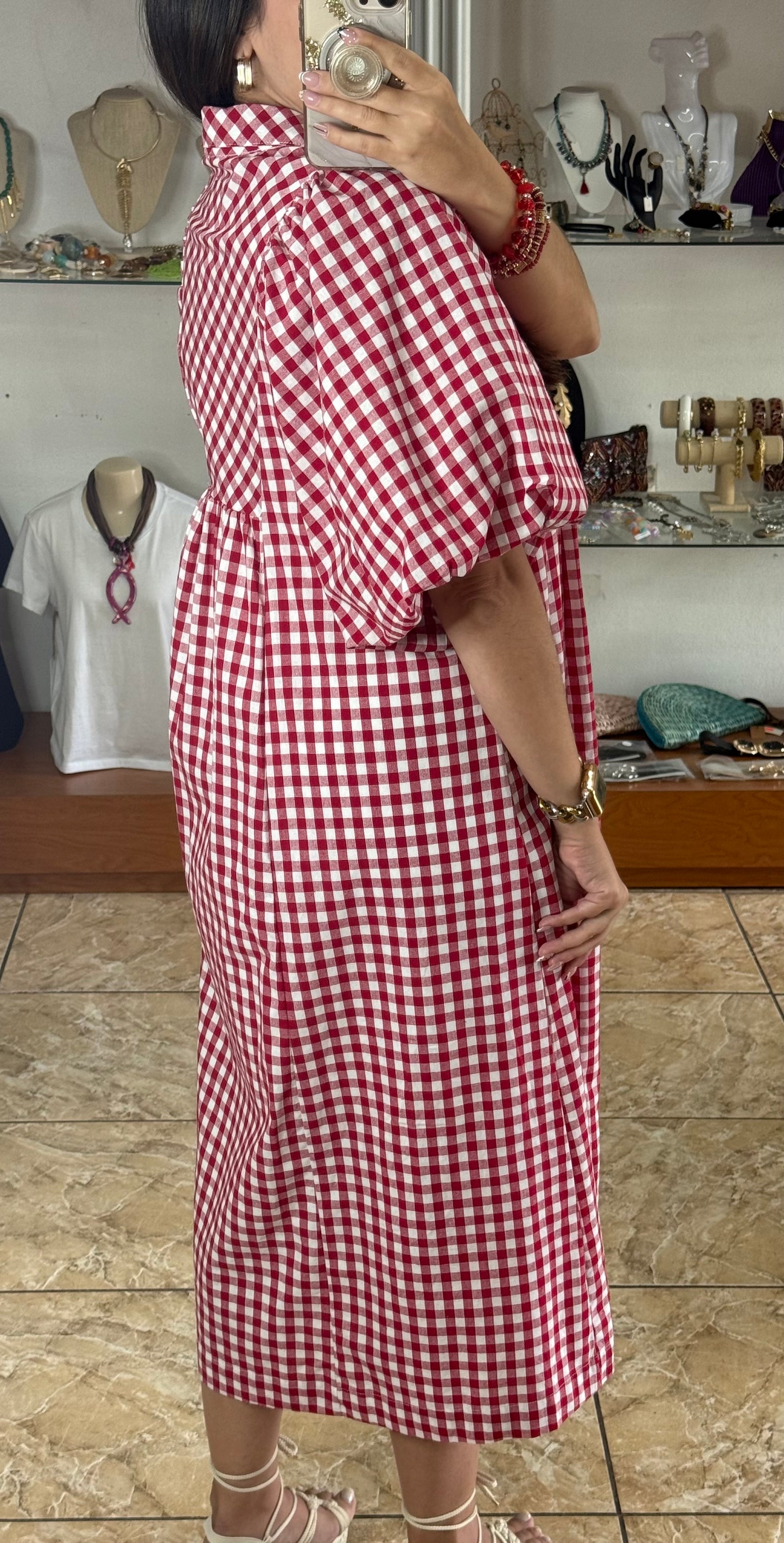 Puff Sleeve Plaid Midi Dress (Reg)