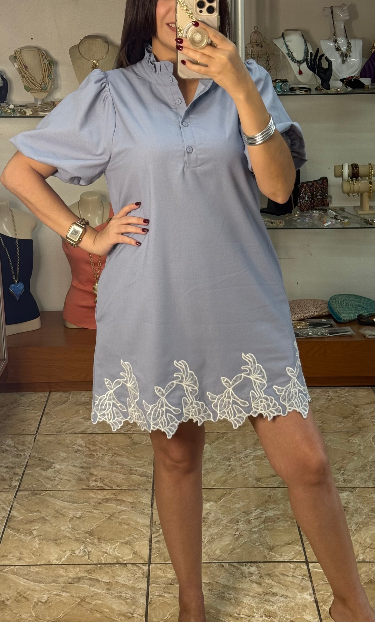 Bubble Sleeve Ruffled Neck Mini Dress