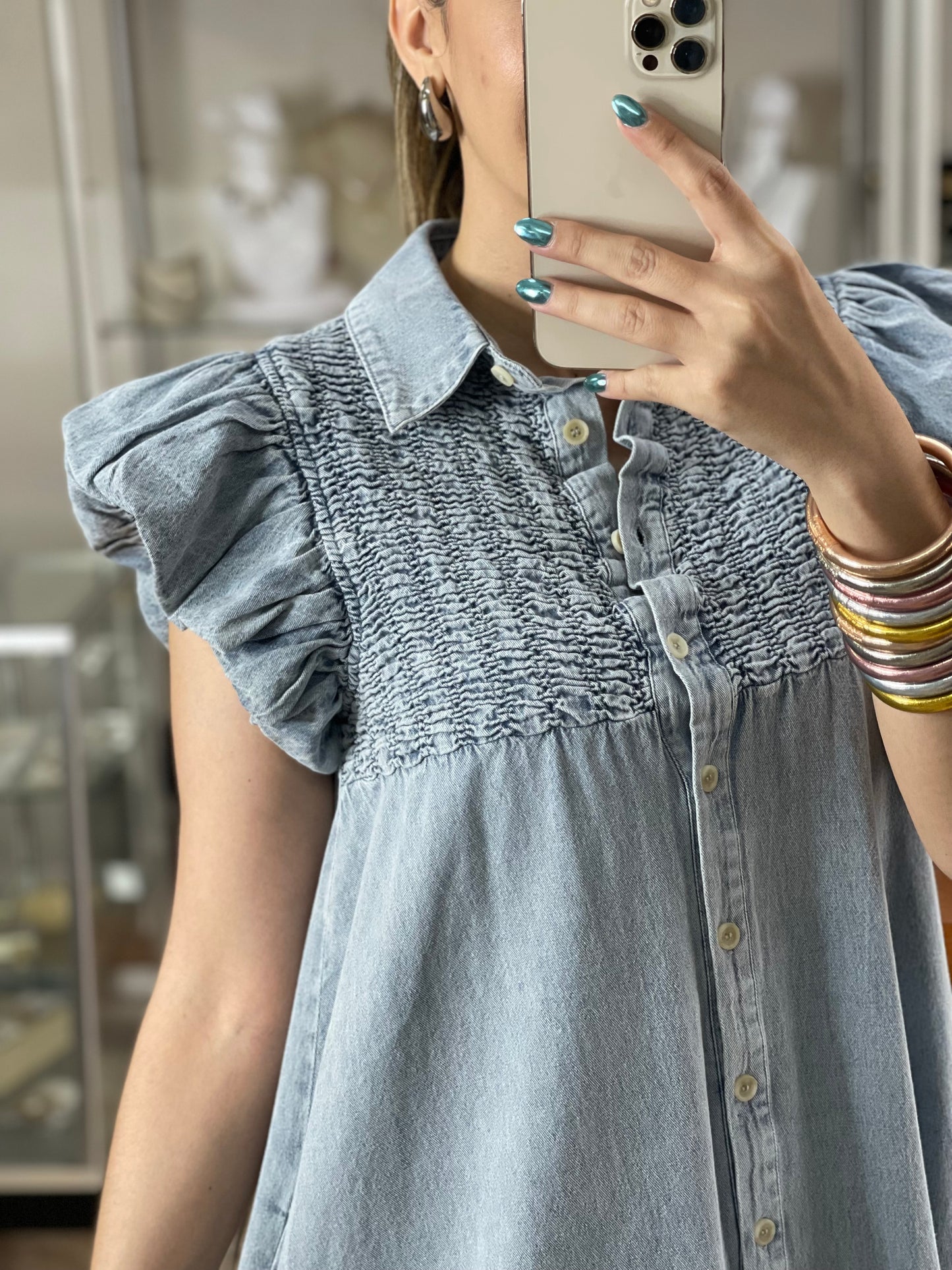 Button Down Ruffle Sleeve Denim Dress