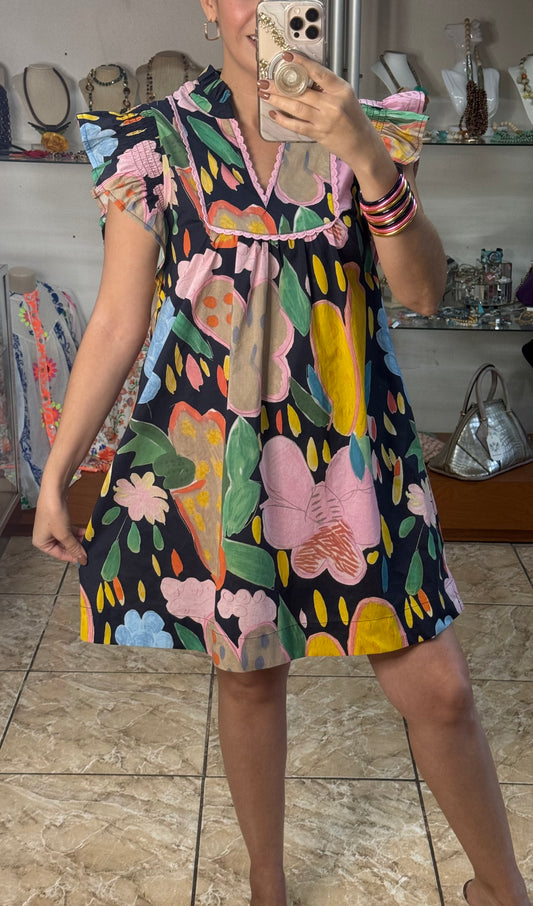Navy Floral Flutter Sleeves Mini Dress