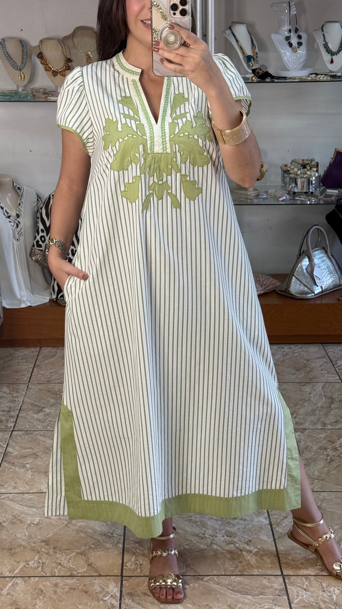 Sage Stripes Embroidered Midi Dress