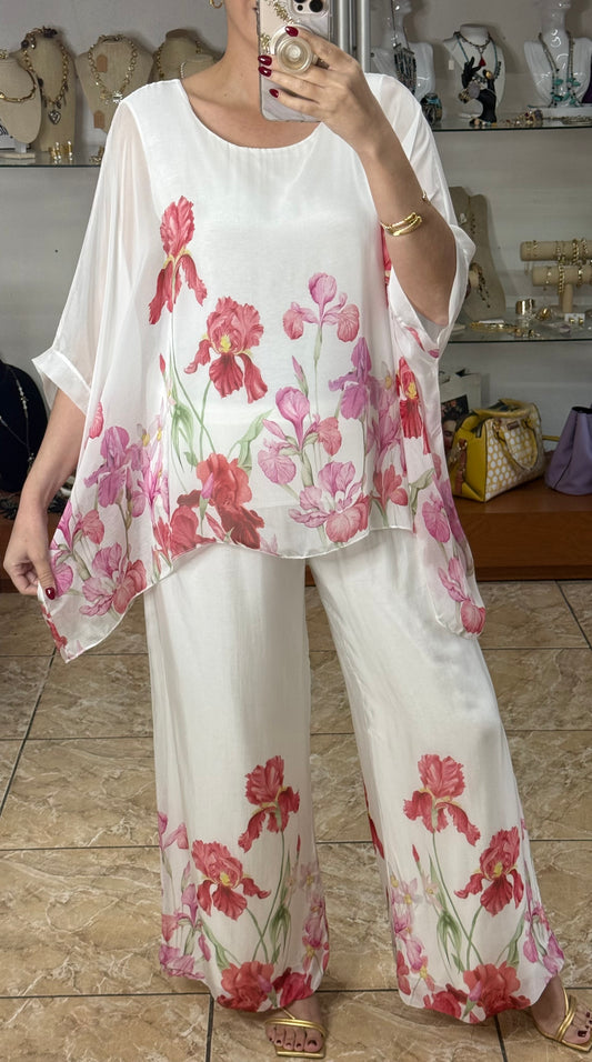 White Floral Silk OS Pant Set (FINAL SALE)