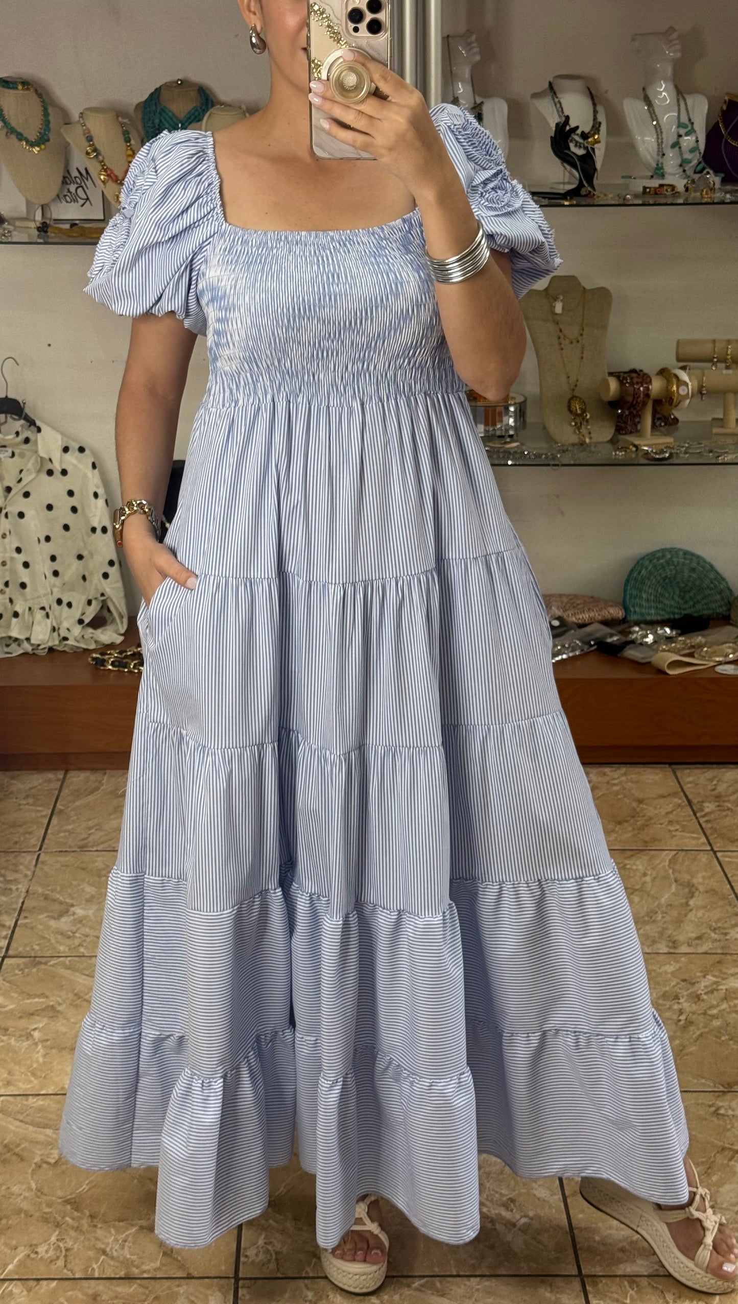 Blue Stripes Puff Sleeves OS Maxi Dress (NO RETURNS OR EXCHANGE)