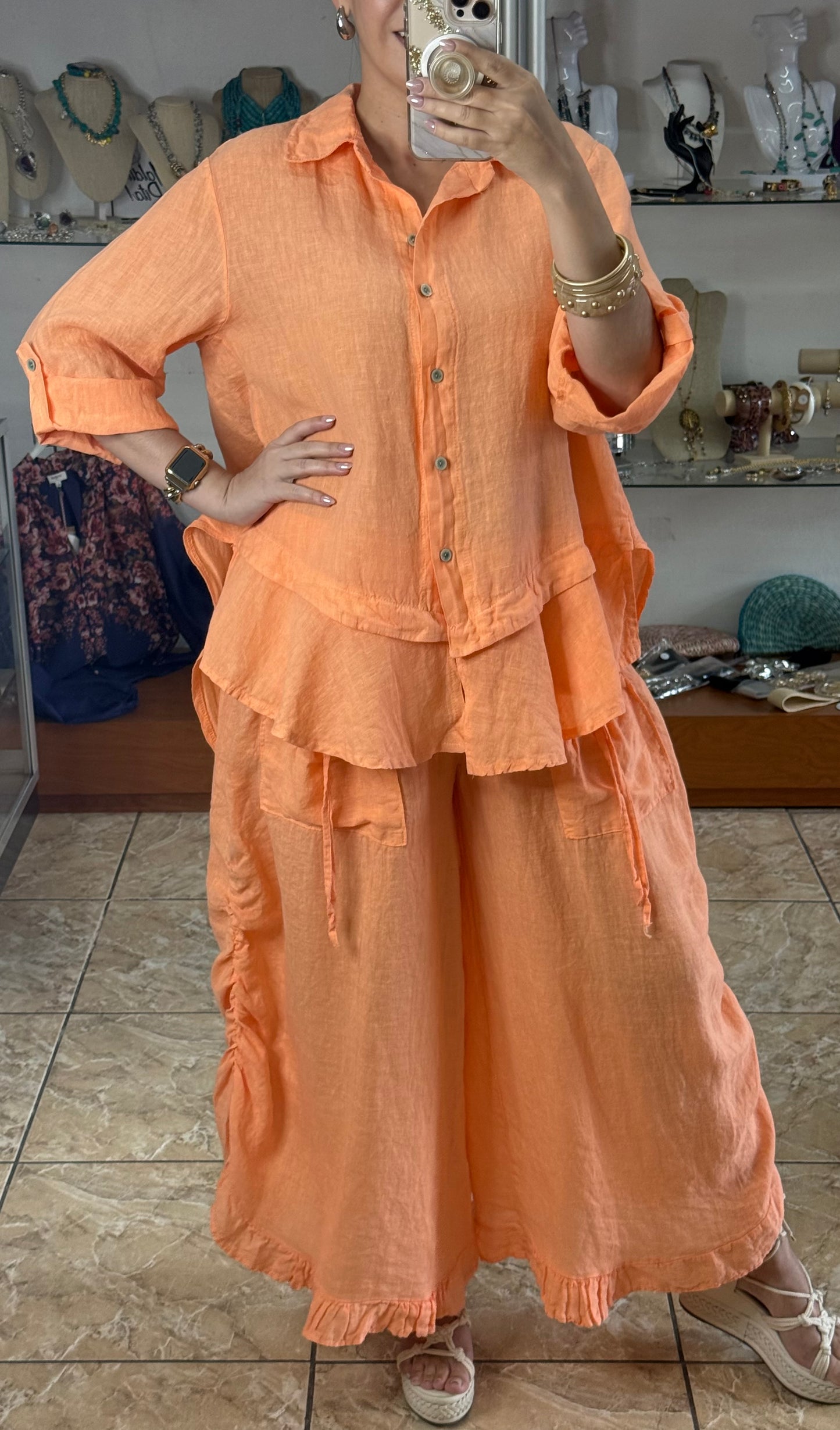 OS Linen Ruffle Pant Set (NO RETURNS OR EXCHANGE)