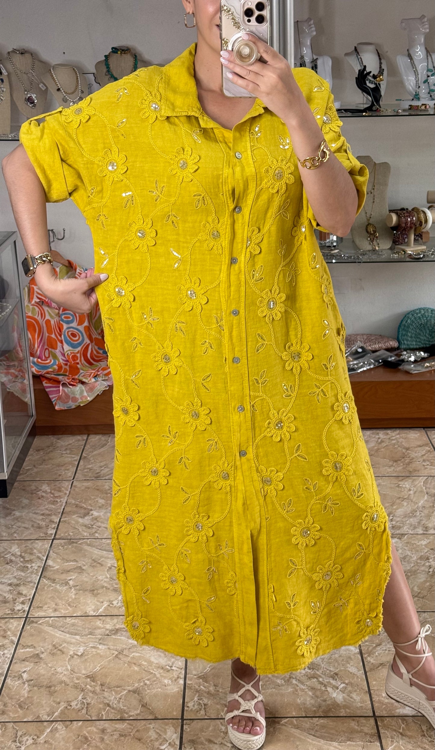 OS Embroidered/Sequins Linen Maxi Dress (NO RETURNS OR EXCHANGE)
