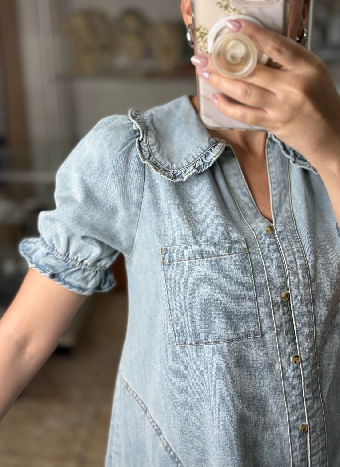Peter Pan Neckline Denim Dress