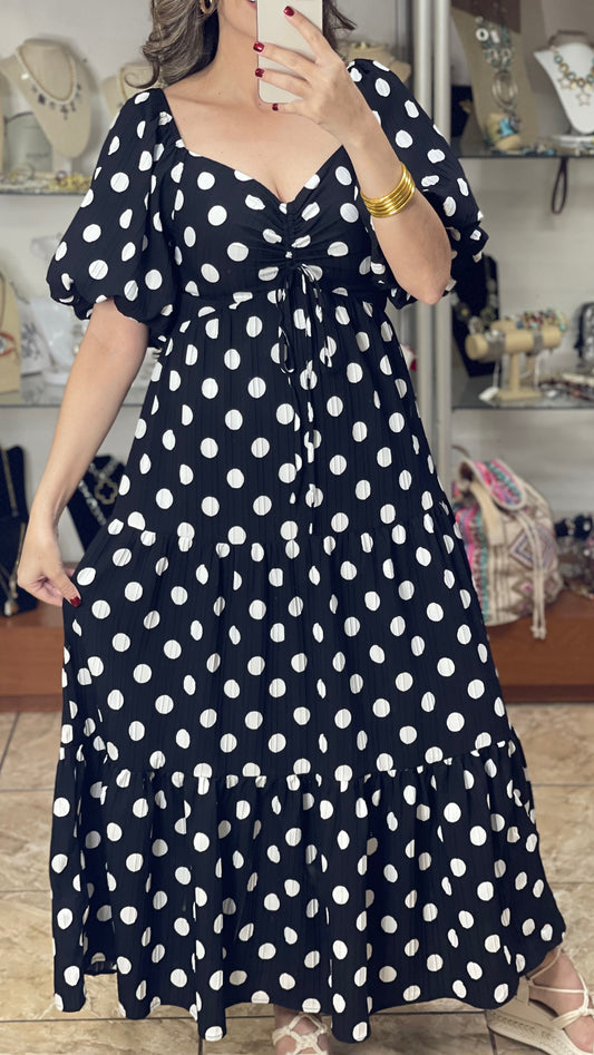 Polka Bubble Sleeve Maxi Dress