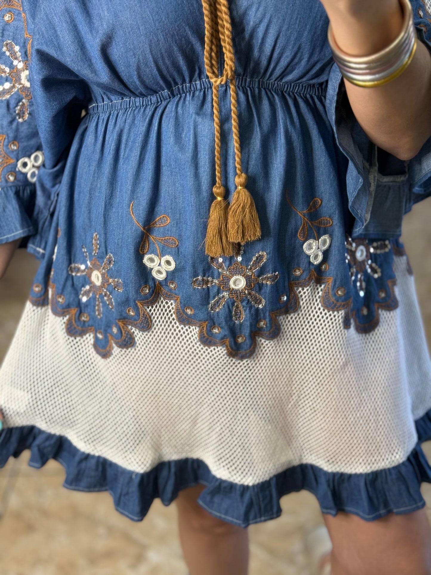 OS Floral Embroidered Boho Mini Dress (NO RETURNS OR EXCHANGE)