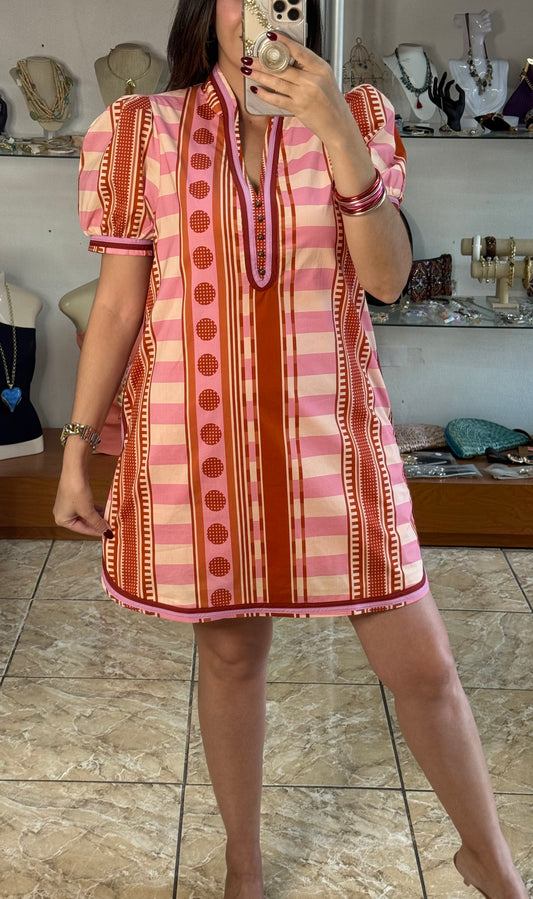 Rust Pink Mix Puff Sleeve Mini Dress
