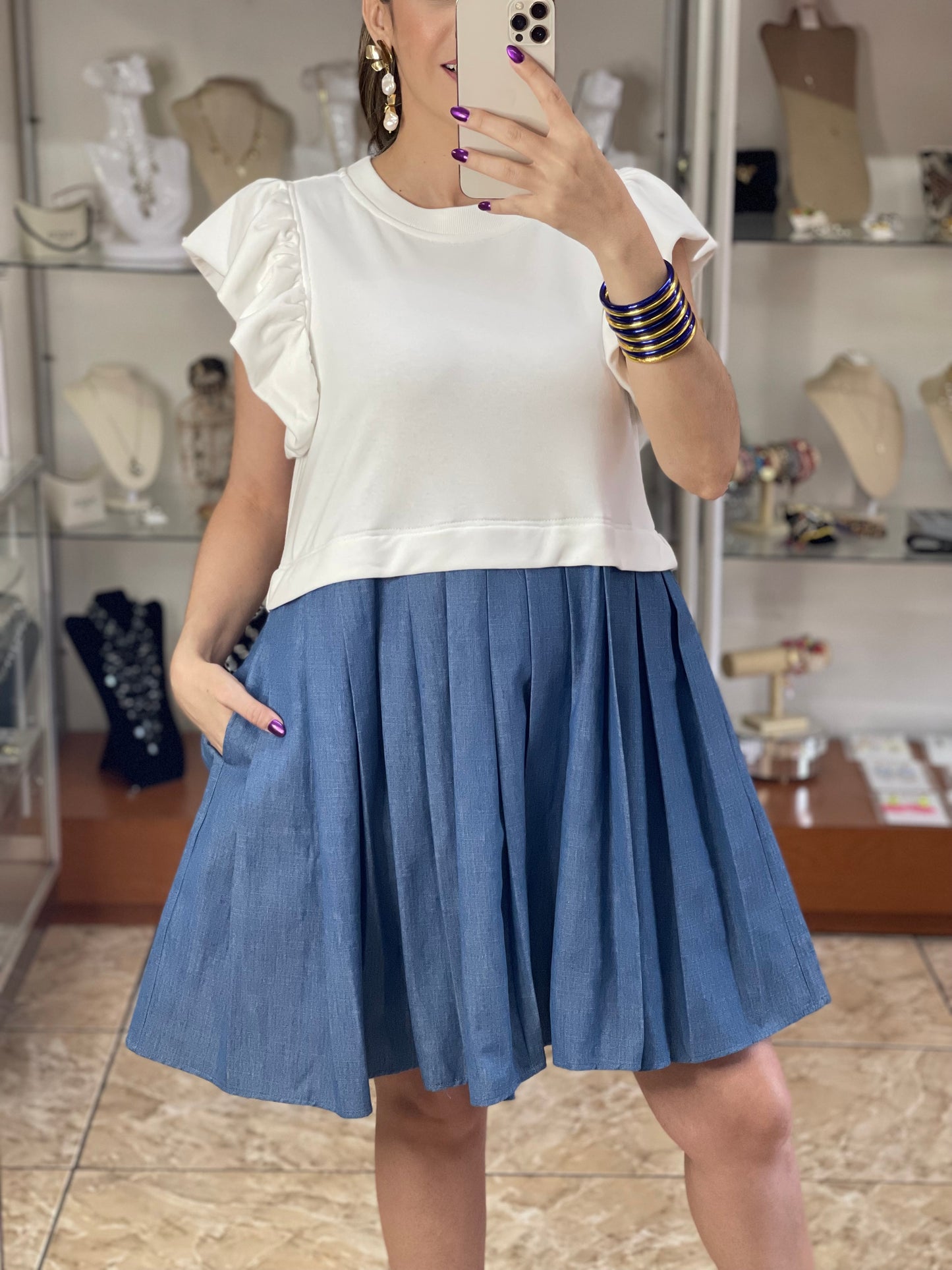 Ruffle Sleeve White/Denim Dress