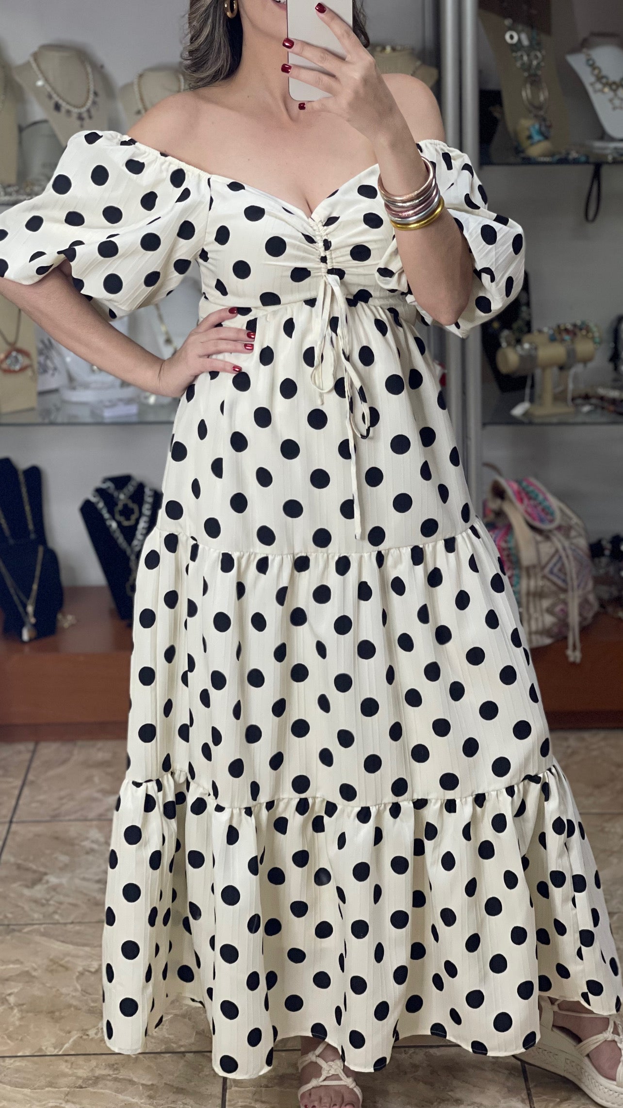 Polka Bubble Sleeve Maxi Dress