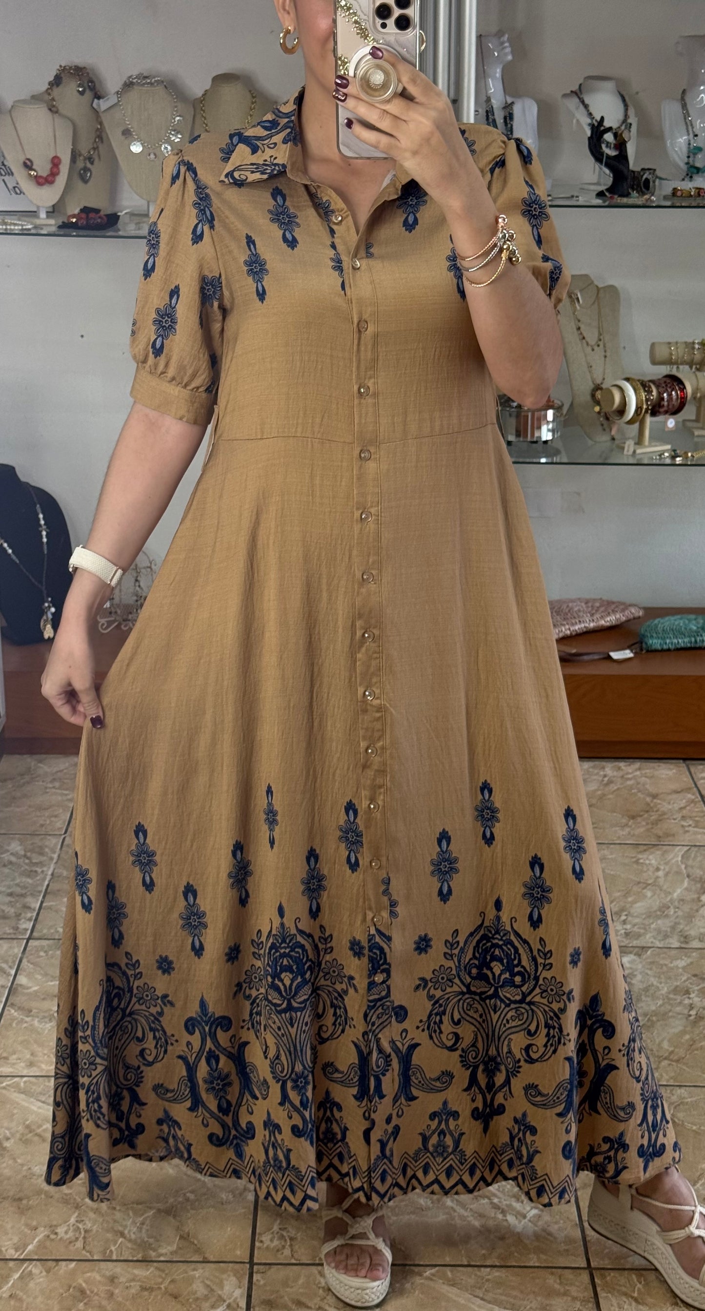 Khaki/Blue Maxi Floral Button Down Dress (Reg and Plus)