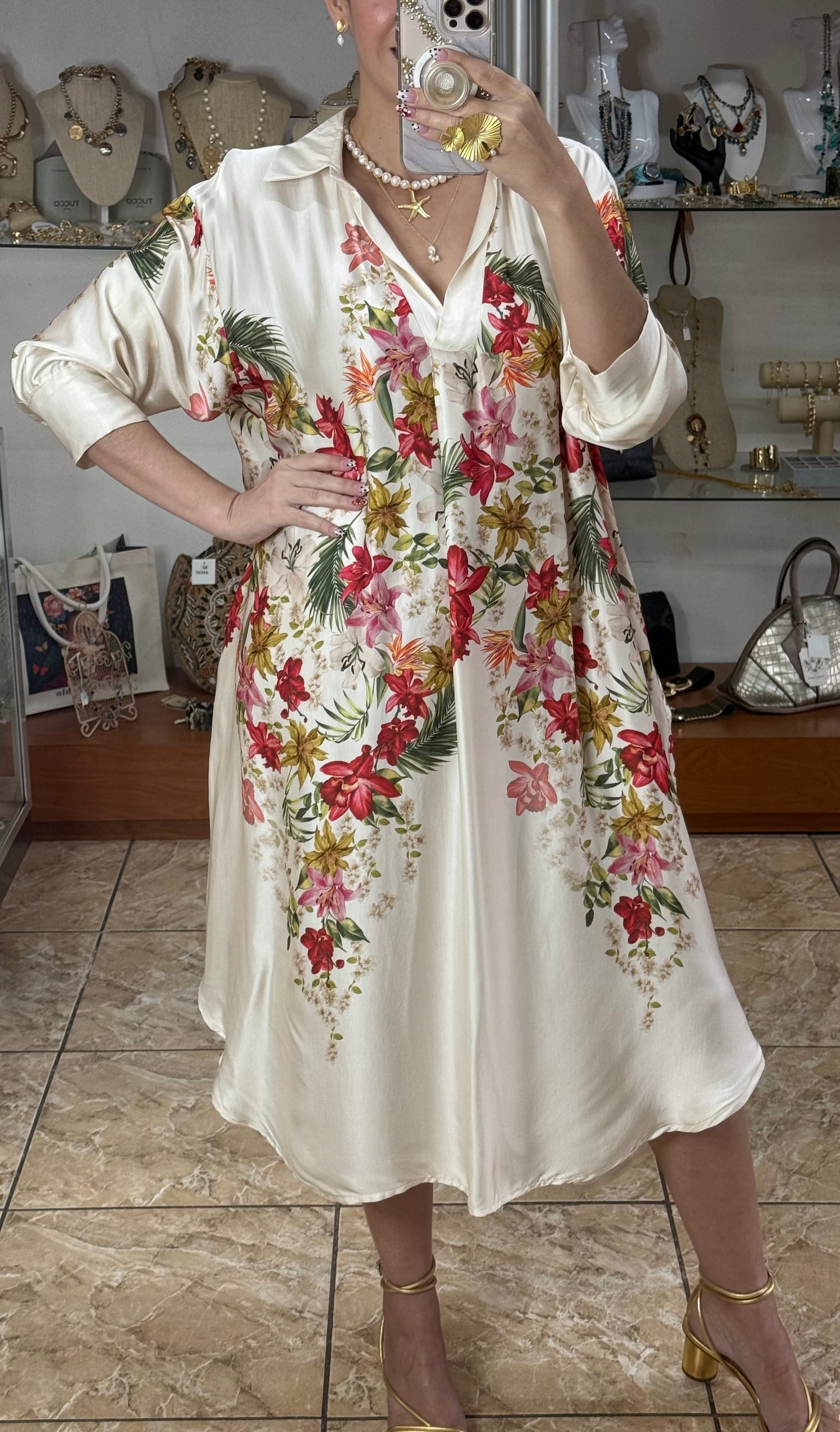 Cream Floral OS Midi Dress (FINAL SALE)