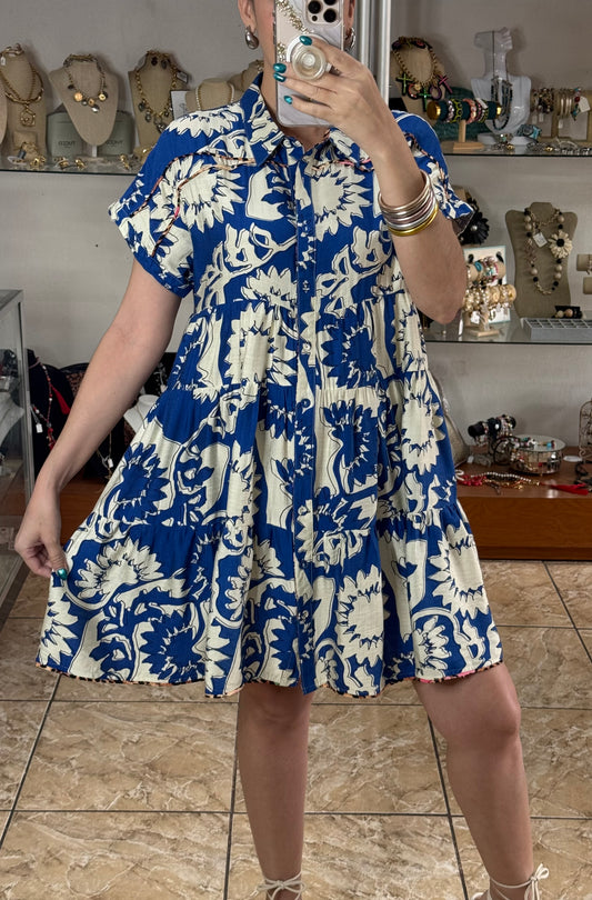 White/Blue with Leopard Detail Dress