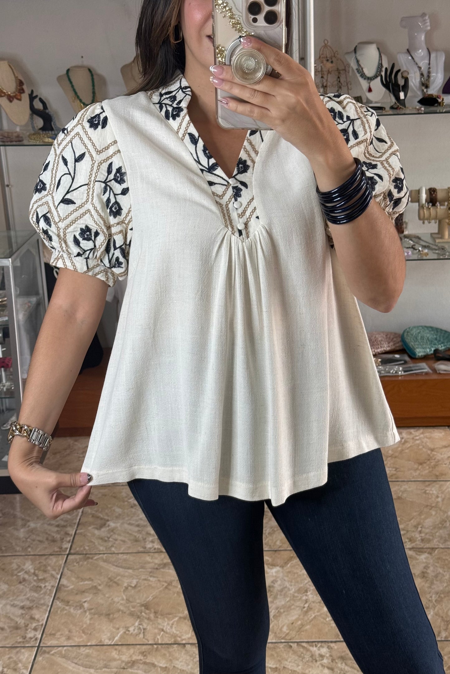 Embroidered Sleeves Cream Top