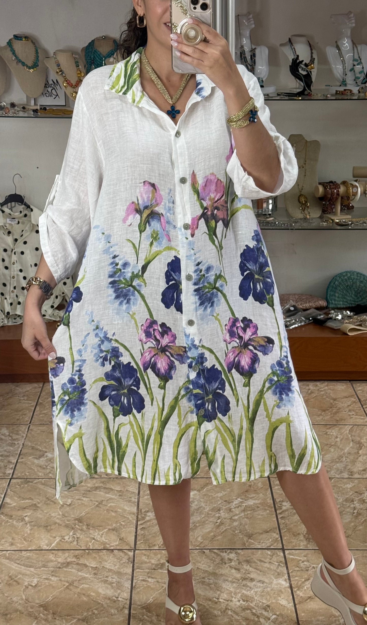 Blue Flowers OS Linen Dress (NO RETURNS OR EXCHANGE)