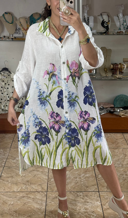 Blue Flowers OS Linen Dress (NO RETURNS OR EXCHANGE)