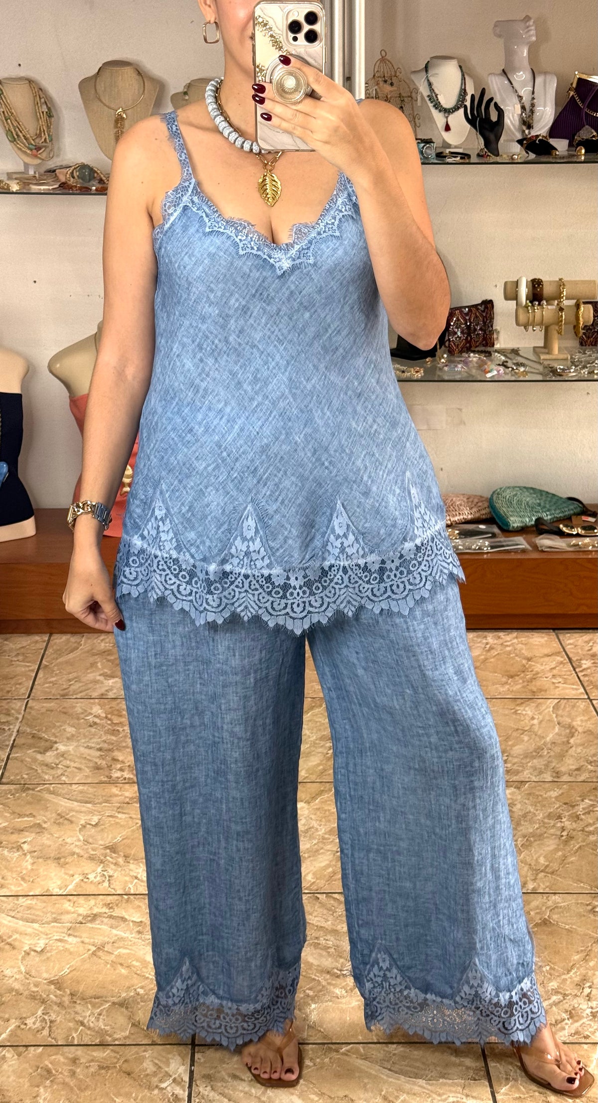 Linen/Lace Top & Pant OS Set (NO RETURNS OR EXCHANGE)