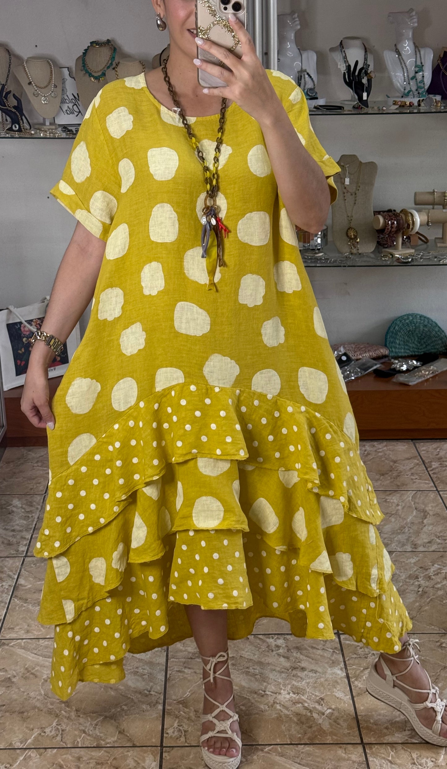 Polka OS Ruffle Tiered Linen Midi Dress (NO RETURNS OR EXCHANGE)