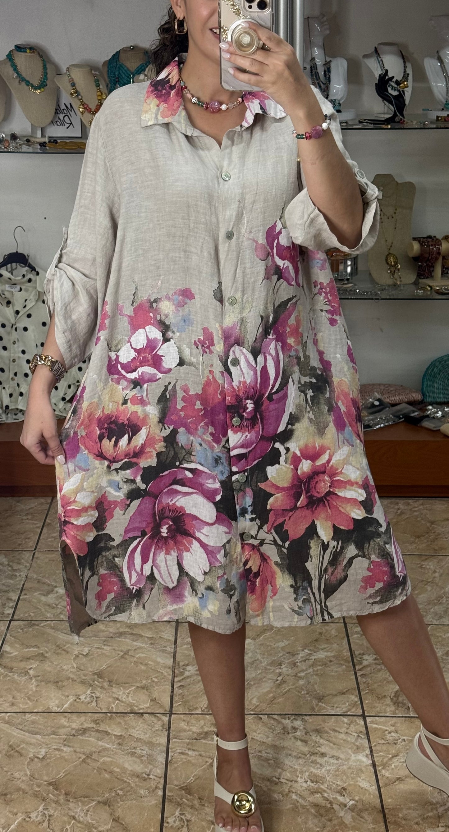 Pink Flowers OS Linen Dress (NO RETURNS OR EXCHANGE)