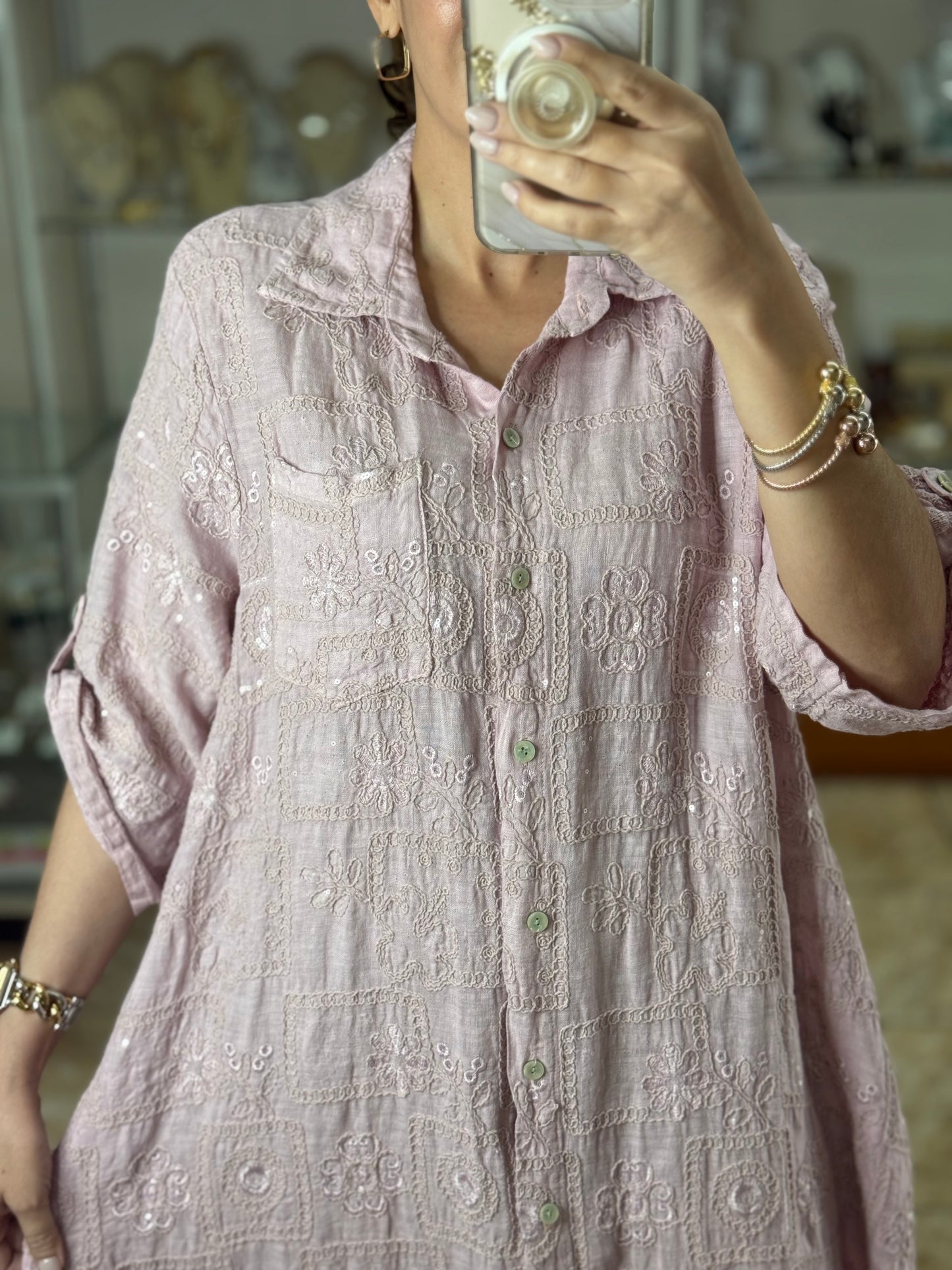 OS Sequins Embroidered Linen Maxi Dress (NO RETURNS OR EXCHANGE)