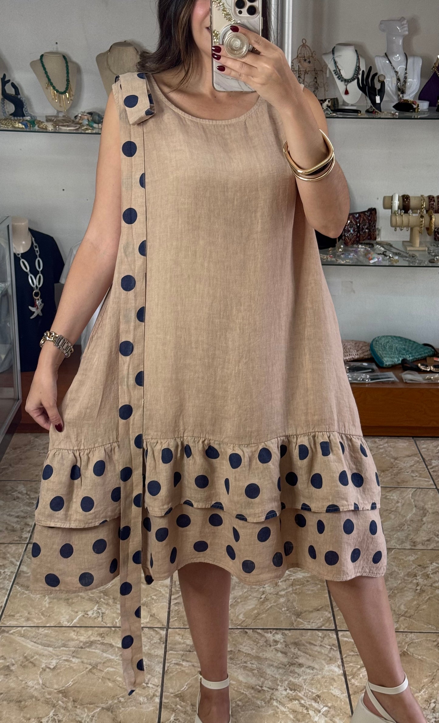 Navy Polkadots OS Linen Short Dress (NO RETURNS OR EXCHANGE)