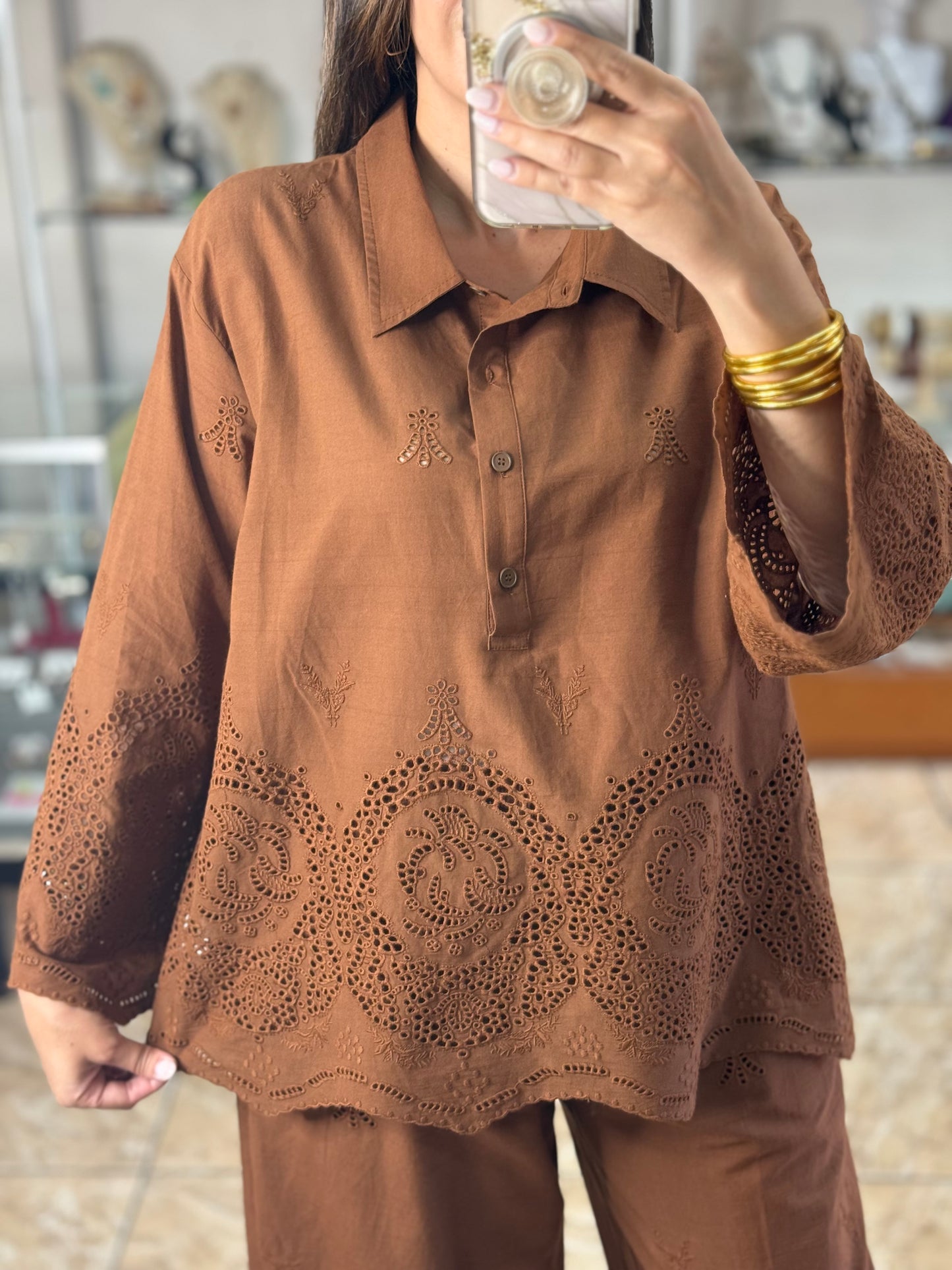 Chocolate Embroidered OS Pant Set (NO RETURNS OR EXCHANGE)