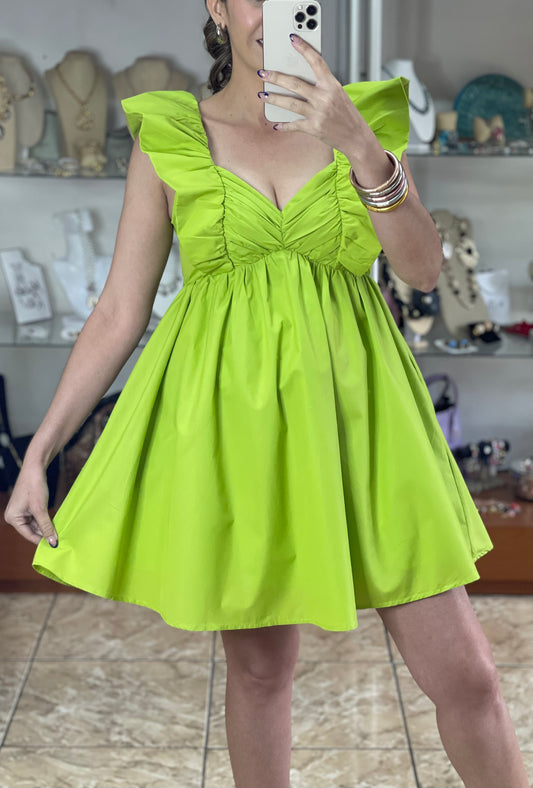 Chartreuse Ruffle Sleeve Mini Dress