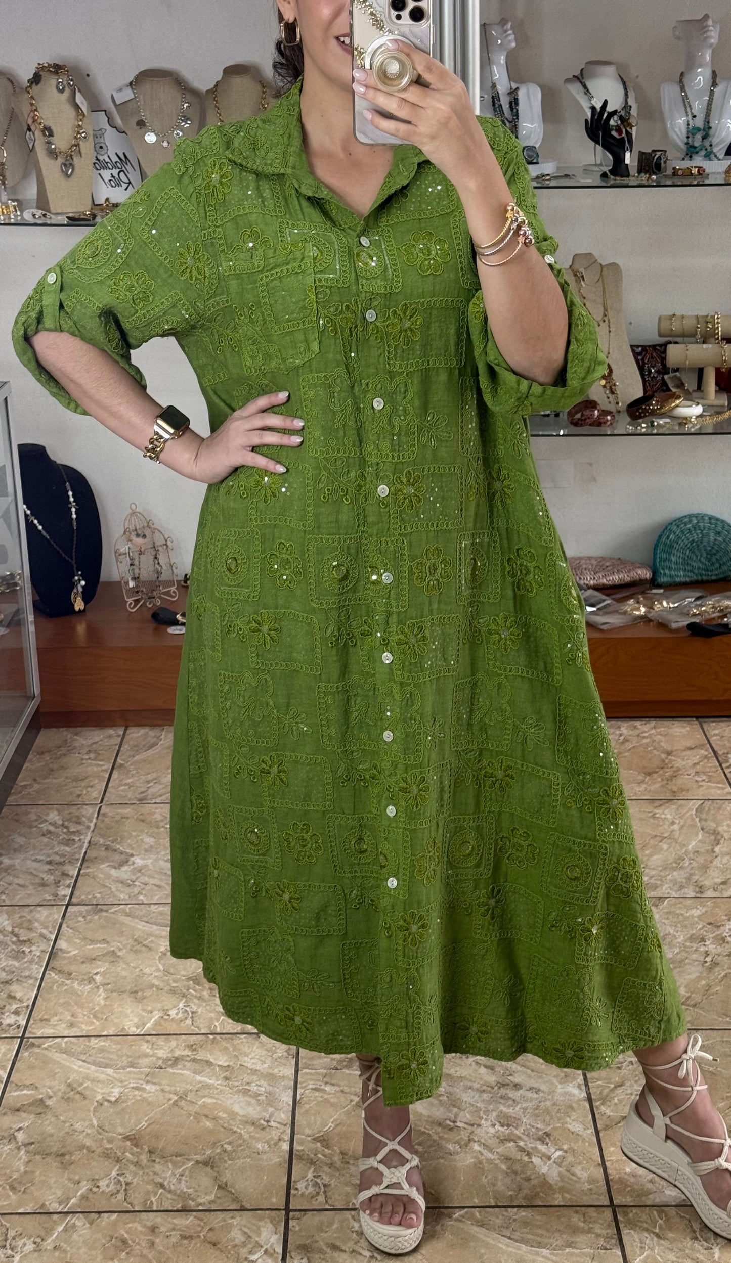 OS Sequins Embroidered Linen Maxi Dress (NO RETURNS OR EXCHANGE)