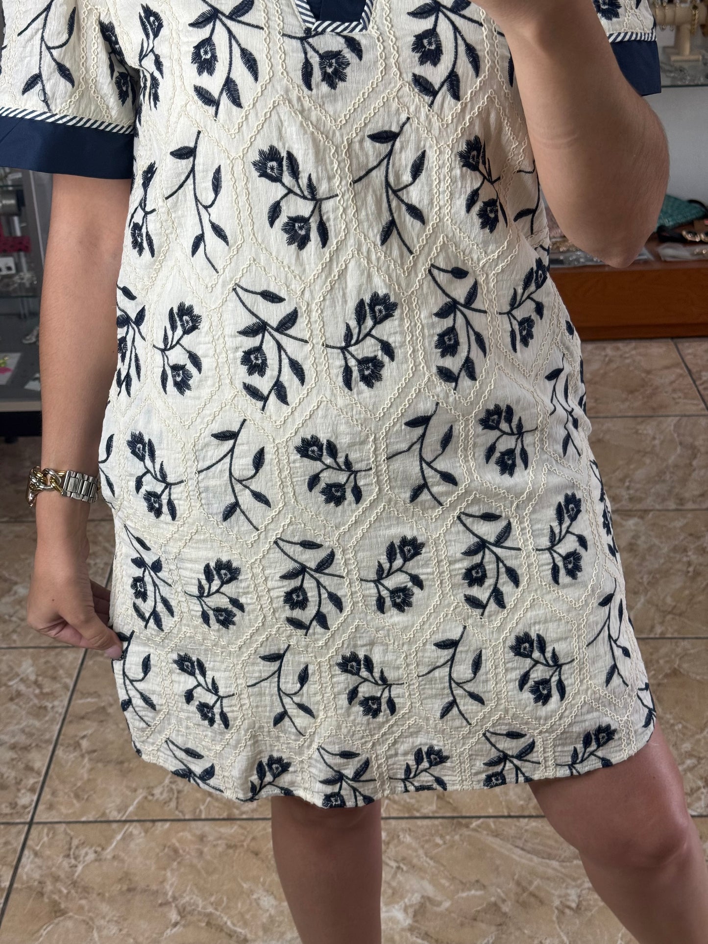 Cream/Navy Embroidered Dress (Reg & Plus)