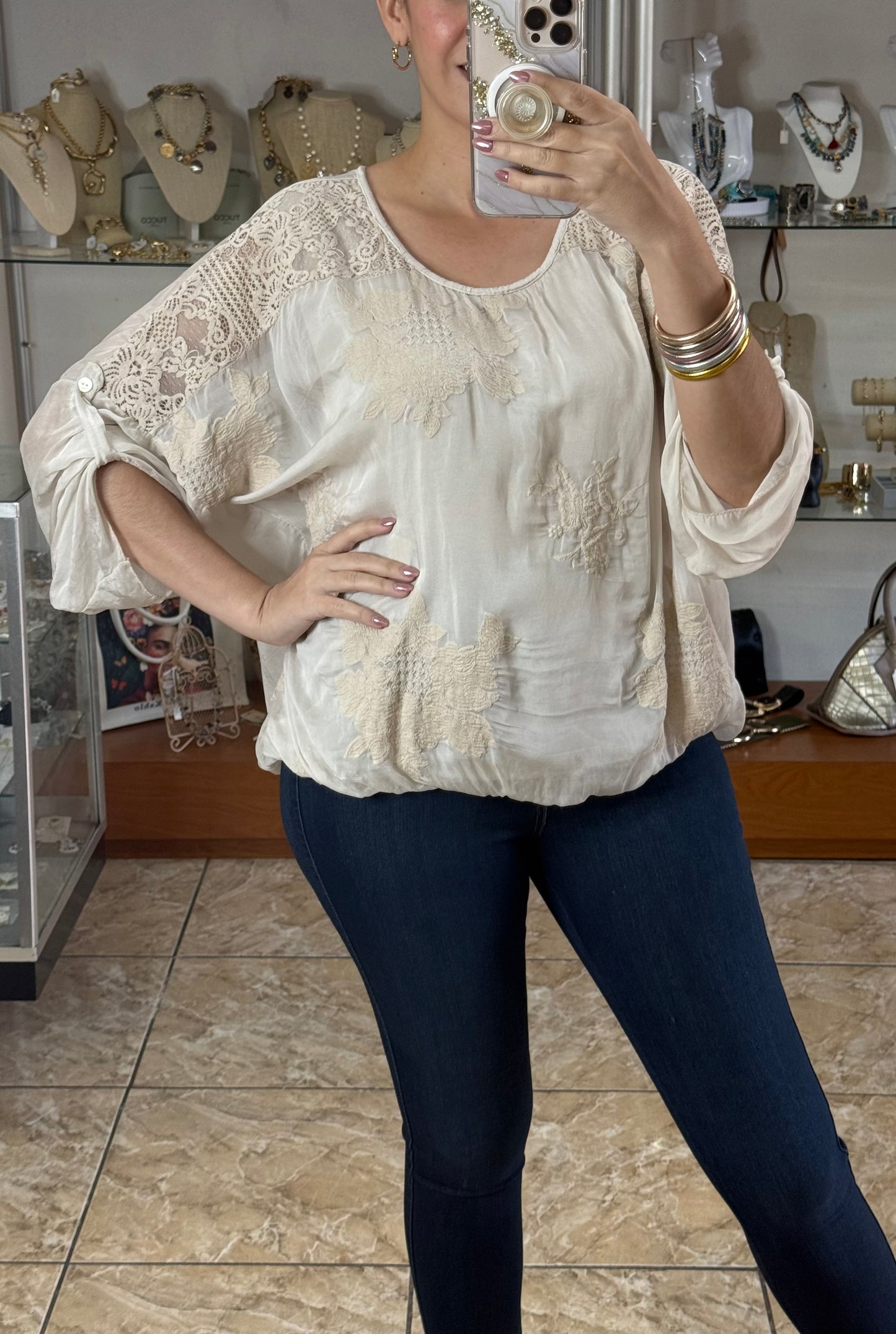 Cream Embroidered Silk OS Top (FINAL SALE)