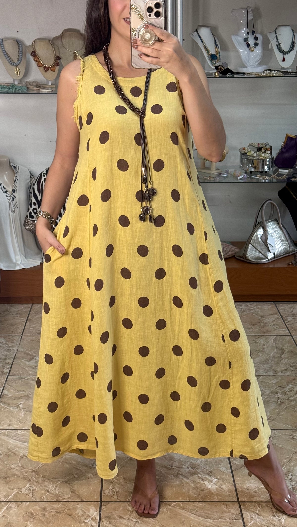 OS Linen Sleeveless Polka Dots Dress (NO RETURNS OR EXCHANGE)