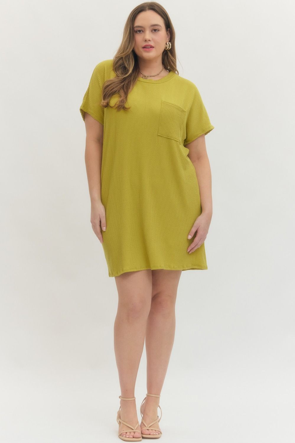 Chartreuse Ribbed Basic Dress (PLUS)