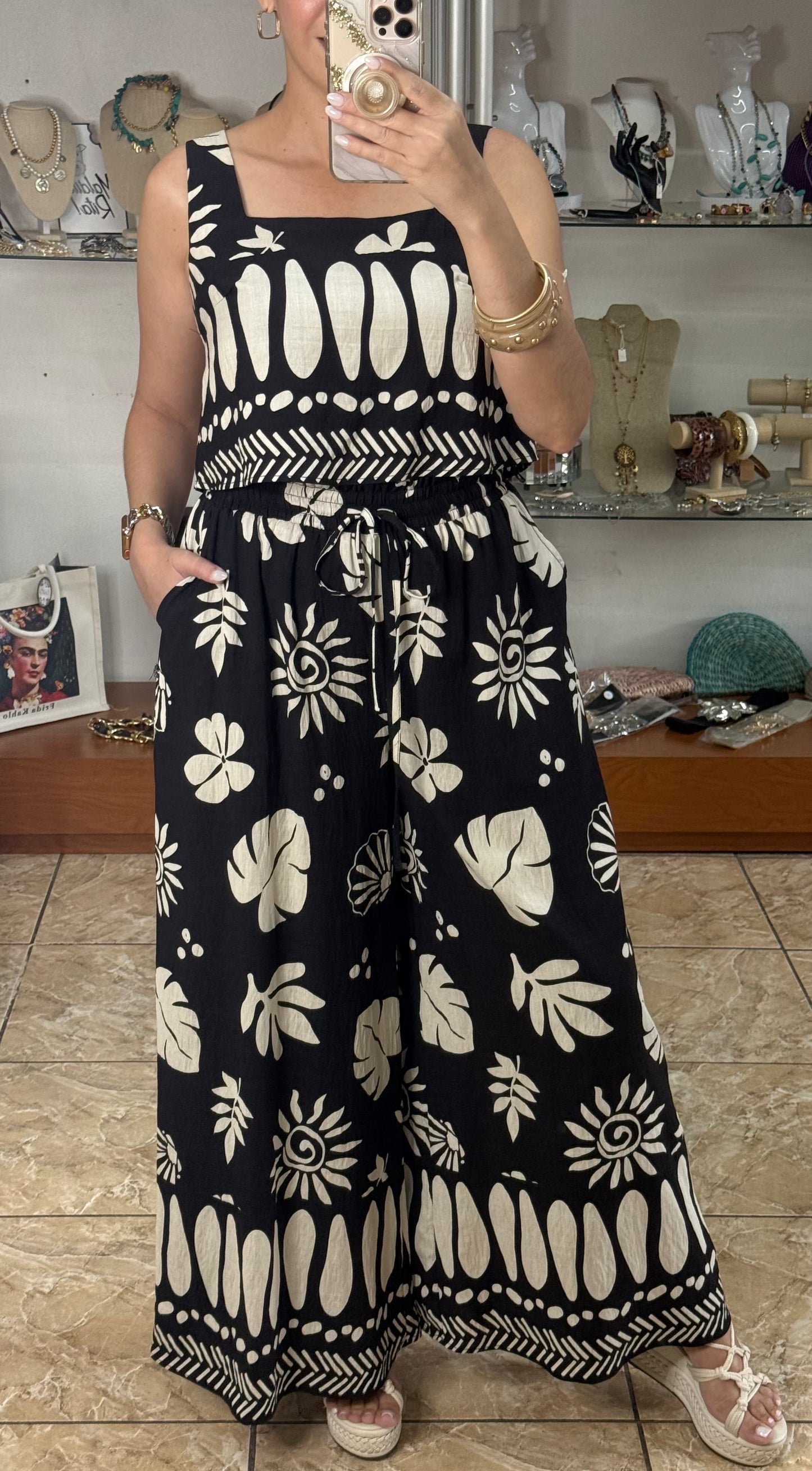 Black Mix Crop Top & Pant Set