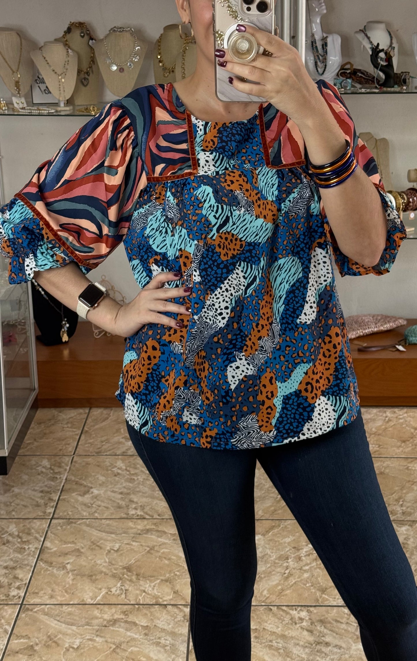 Leopard Blue Mix Top