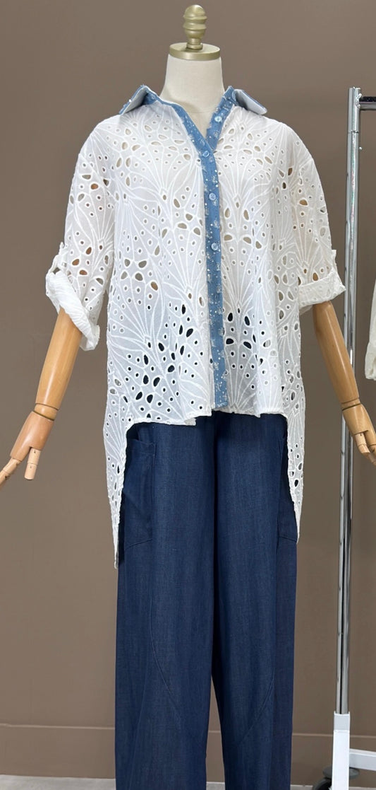 High/Low OS Eyelet Tunic with Denim Details (NO RETURNS OR EXCHANGE)