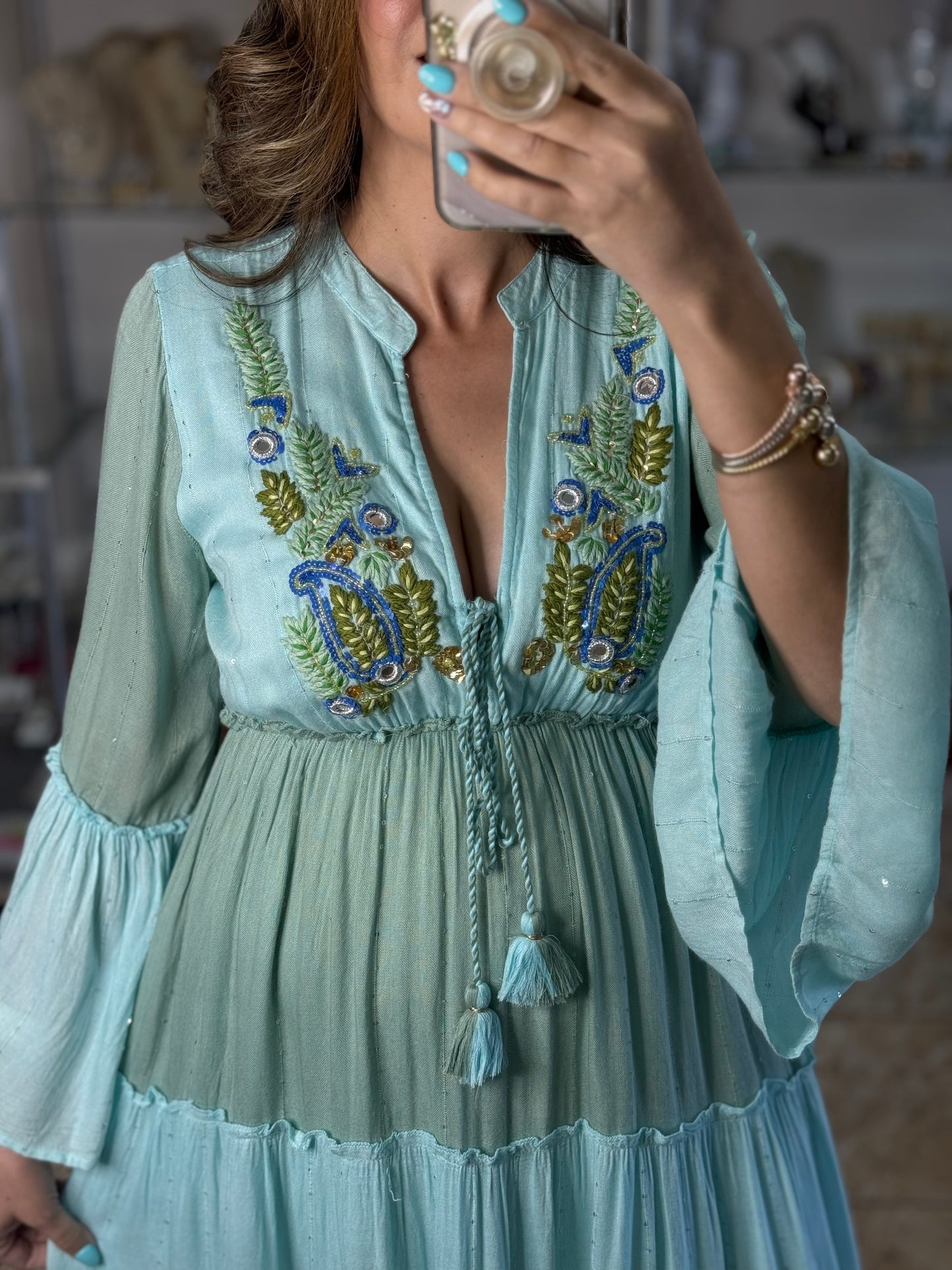 Boho Sage/Turquoise Embroidered OS Maxi Dress (NO RETURNS OR EXCHANGE)