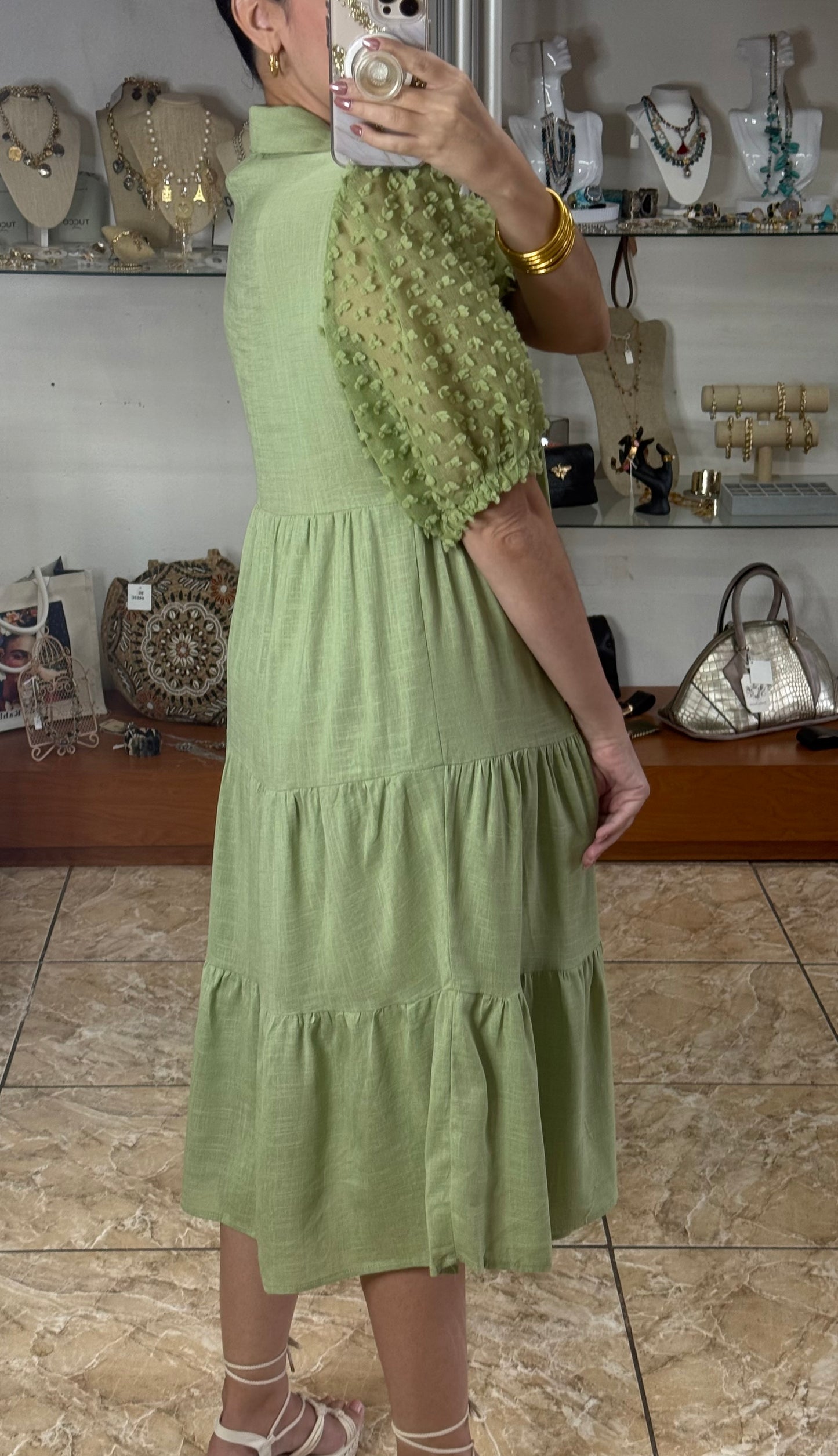 Green Linen Blend Midi Dress