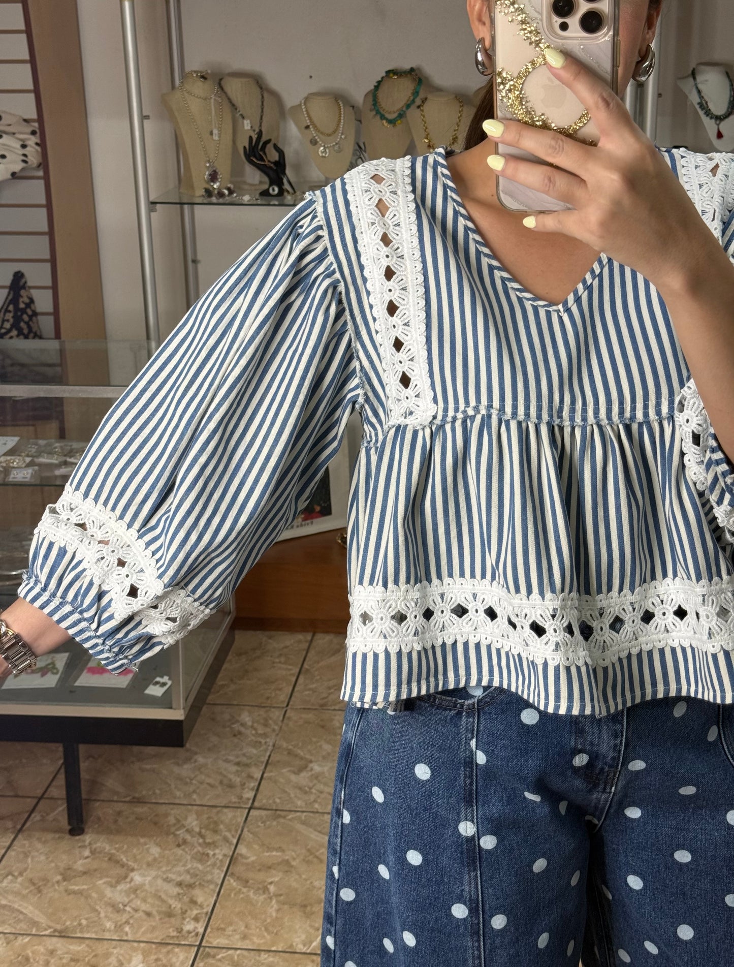 Denim Stripes/Lace Details Top