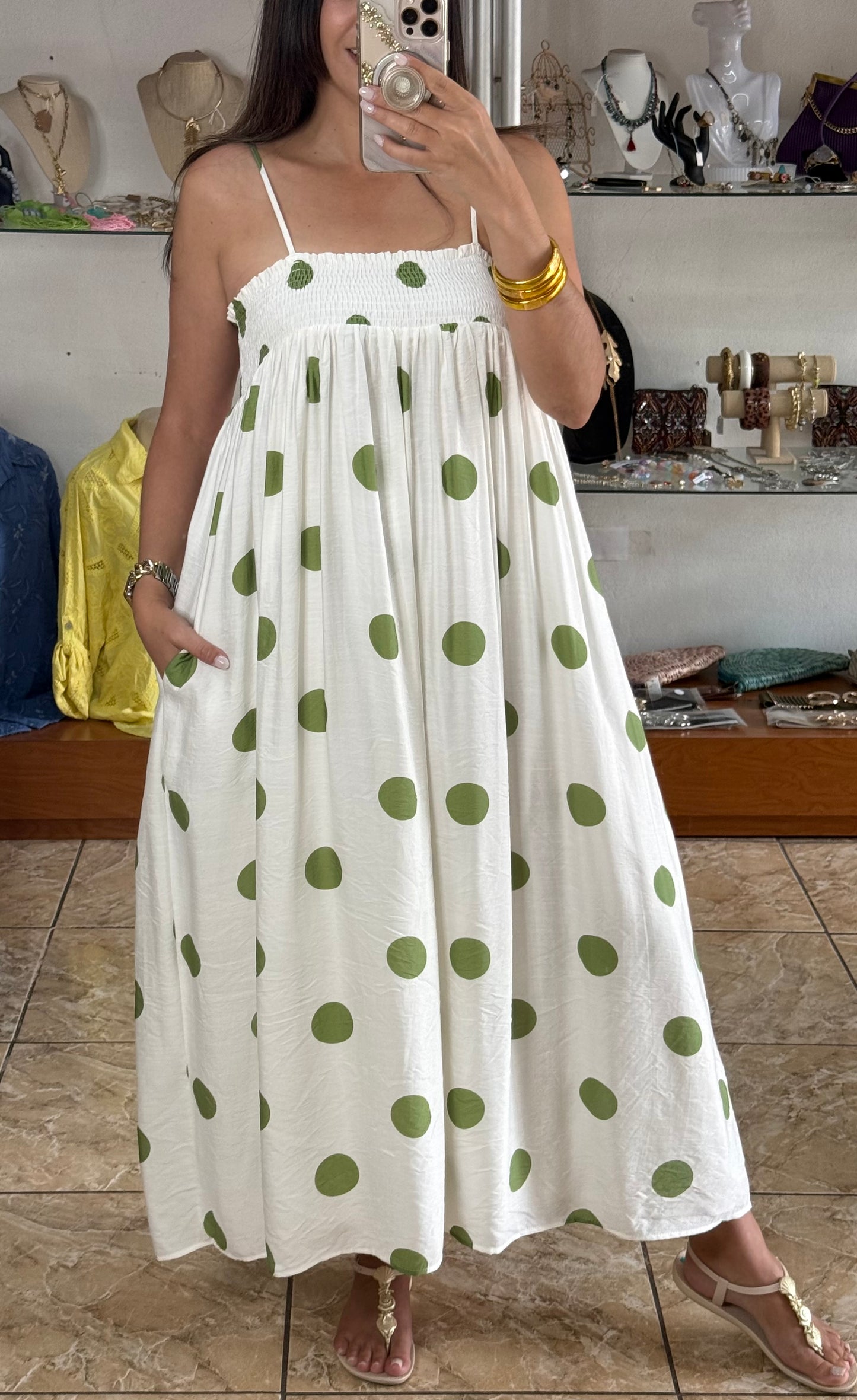 Cream/Green Polkadot Dress