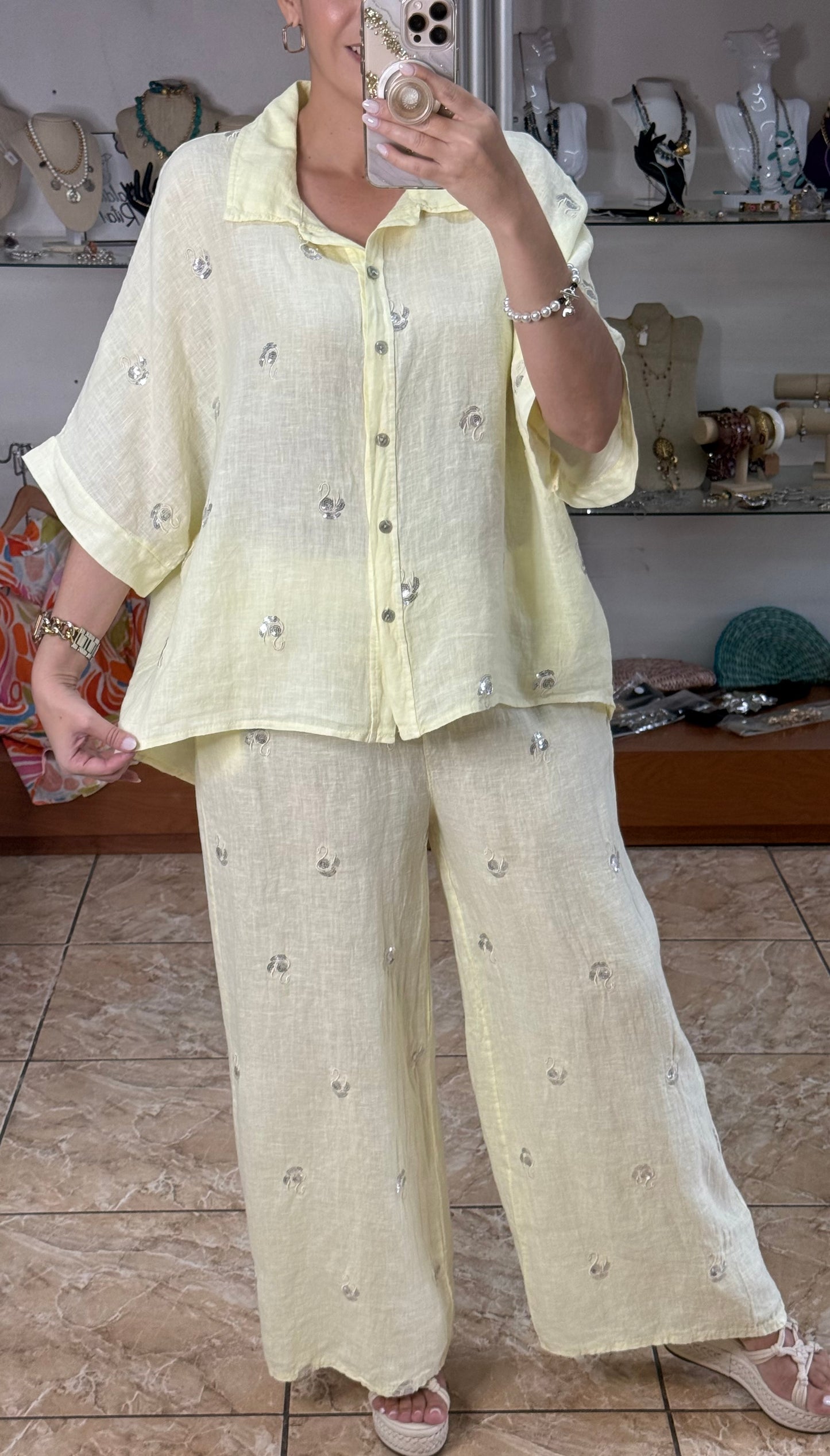 Swans Sequins OS Linen Pant Set (NO RETURNS OR EXCHANGE)