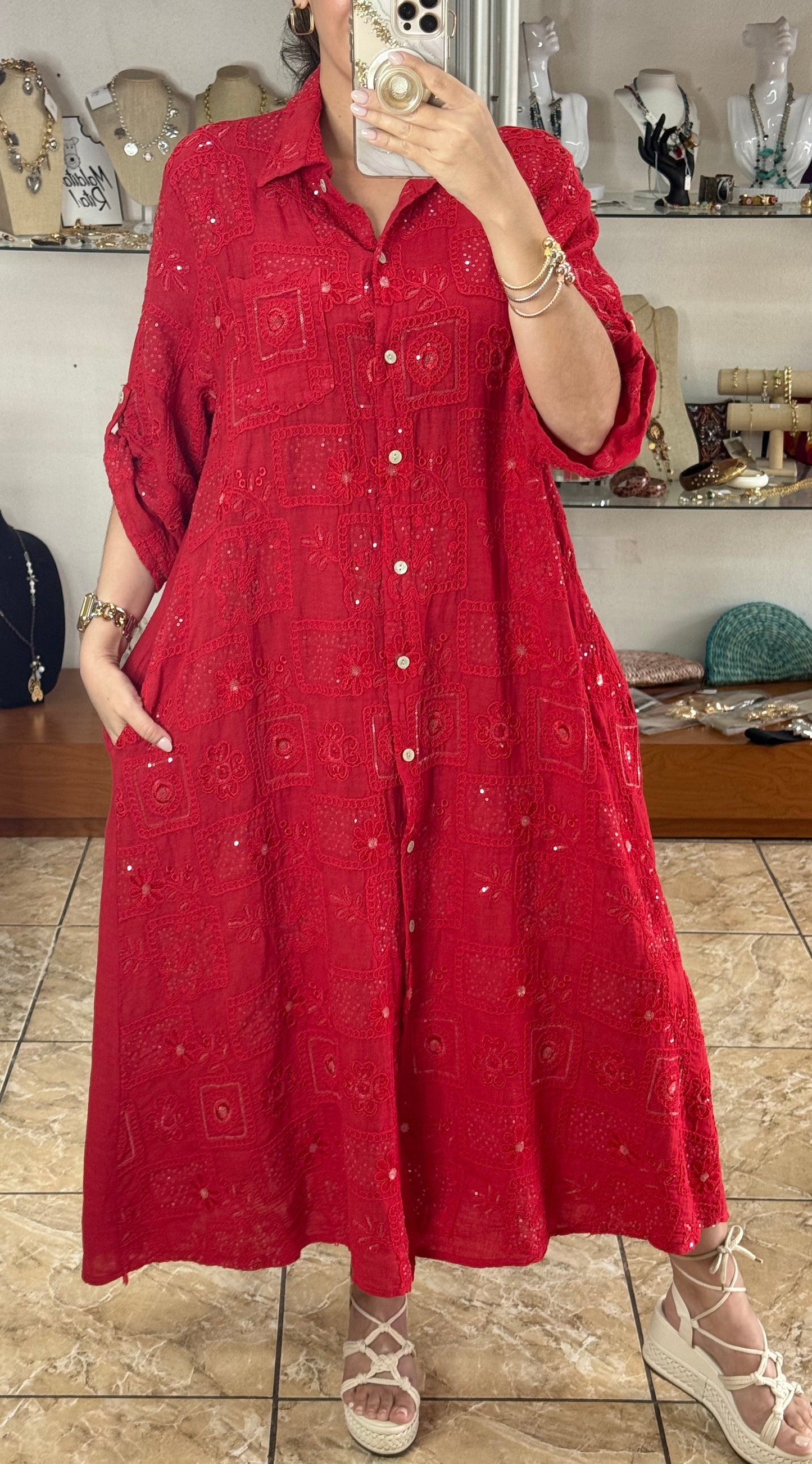 OS Sequins Embroidered Linen Maxi Dress (NO RETURNS OR EXCHANGE)