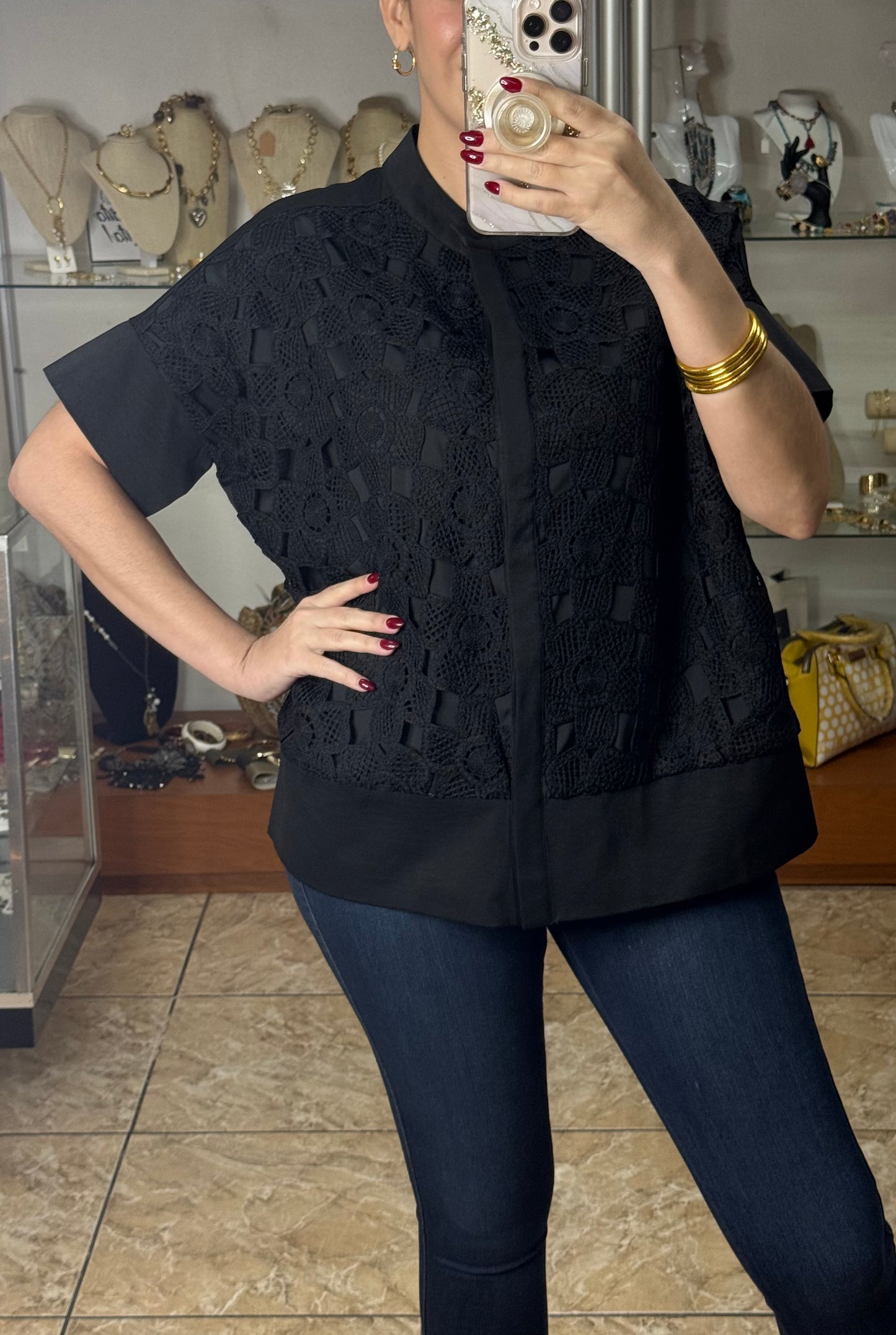 Black/Crochet Details Top