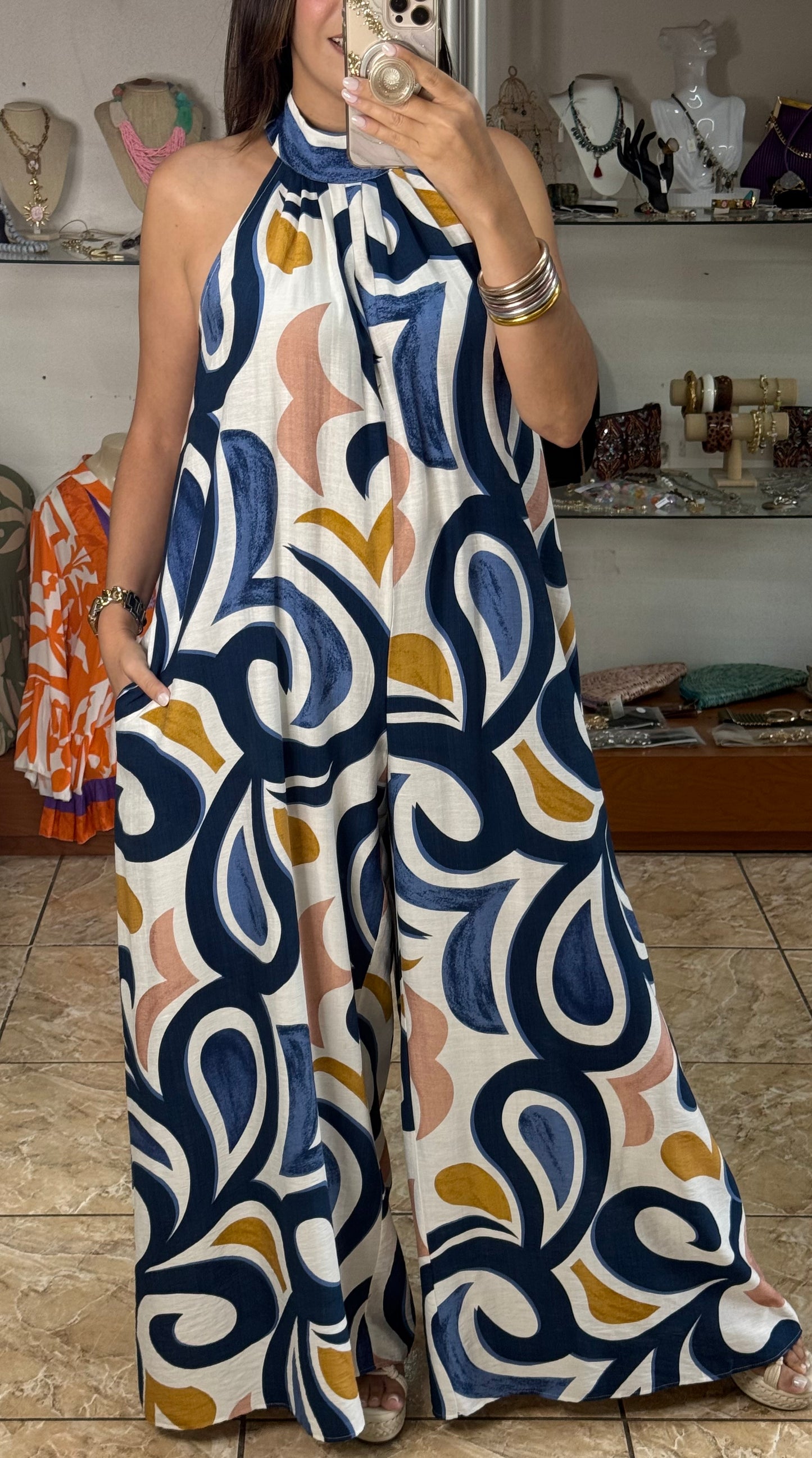 Blue Mix Halter Jumpsuit