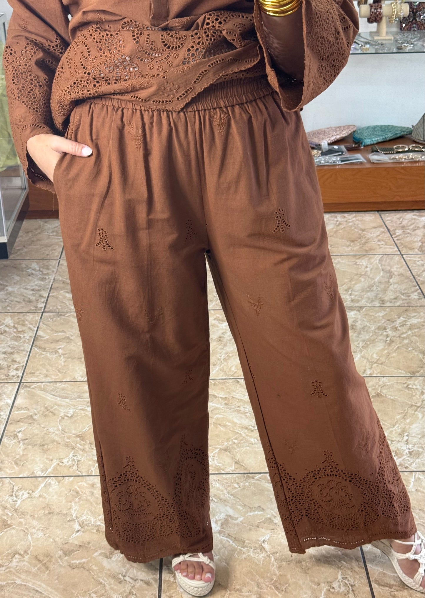 Chocolate Embroidered OS Pant Set (NO RETURNS OR EXCHANGE)